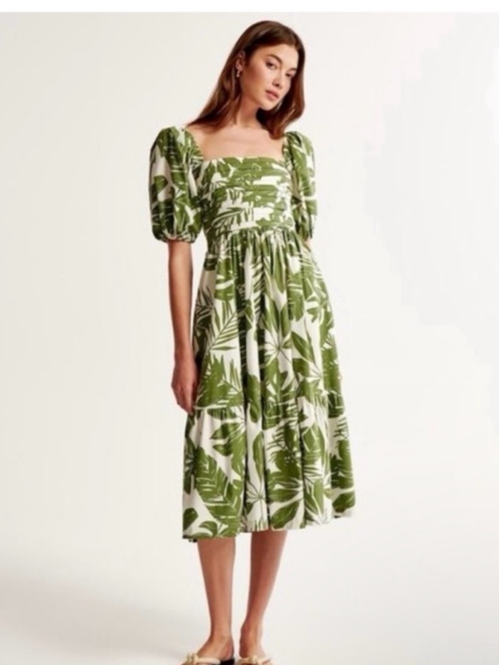 Abercrombie & Fitch Palm-Print Emerson Puff-Sleeve Midi Dress